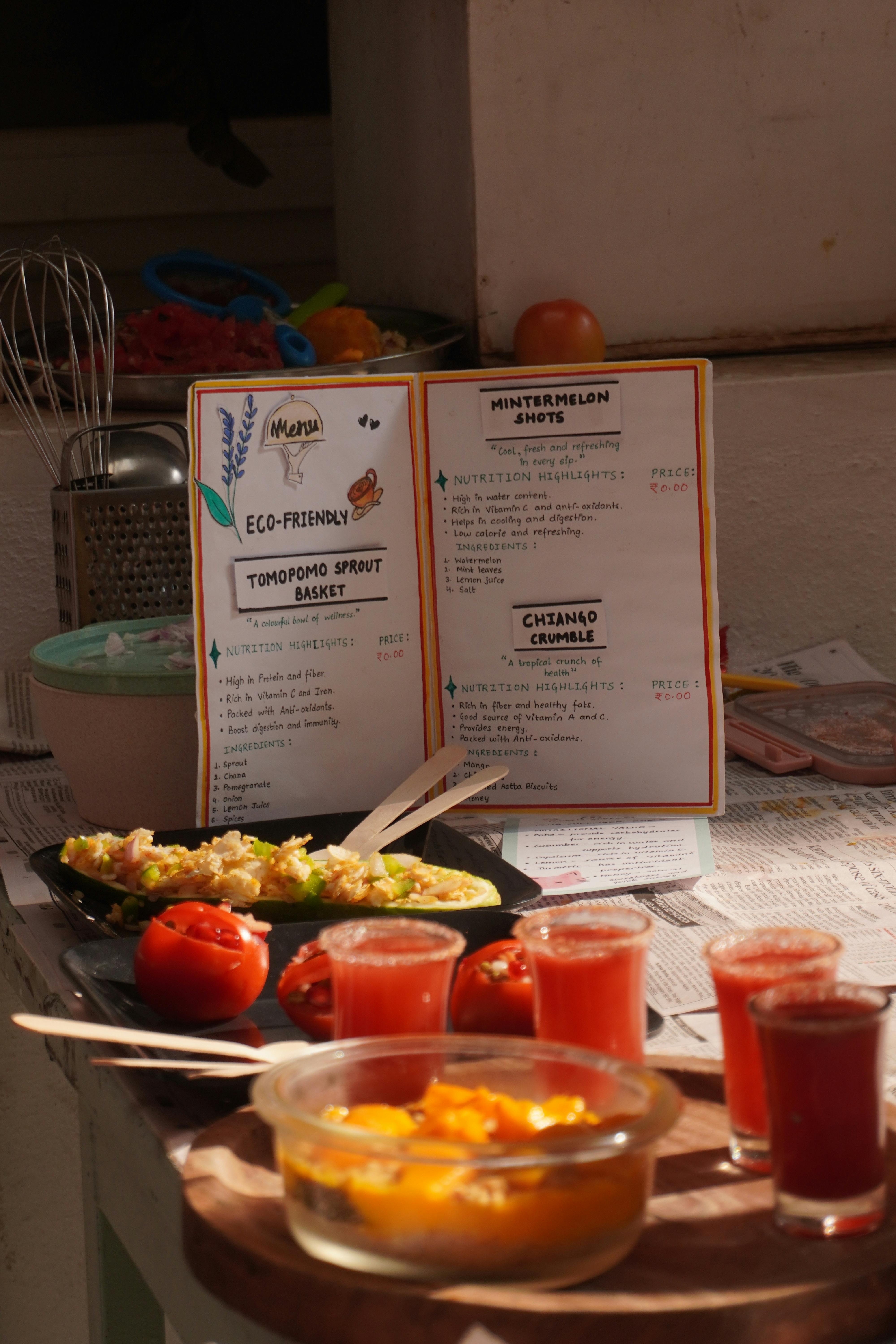 Cozy brunch setting featuring eco-friendly menu and fresh fruit juices.
