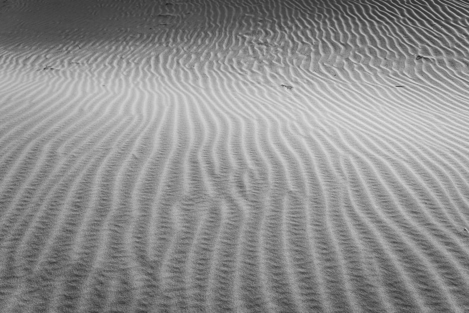 Textured sand dunes in Monahans, Texas captured in striking black and white.