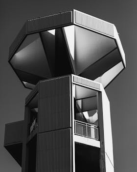 这座引人注目的现代建筑以单色几何塔为特色