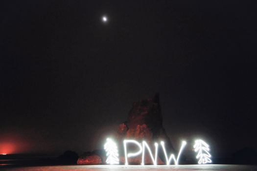 Abbreviation PNW between fir shaped decorations illuminating with white neon lights and located against rocks at night under dark sky and bright moon Pacific Northwest traveling