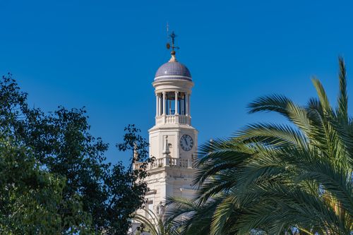 Free Captured in Cádiz, this clock tower stands against a vibrant blue sky, framed by lush palm trees. Stock Photo