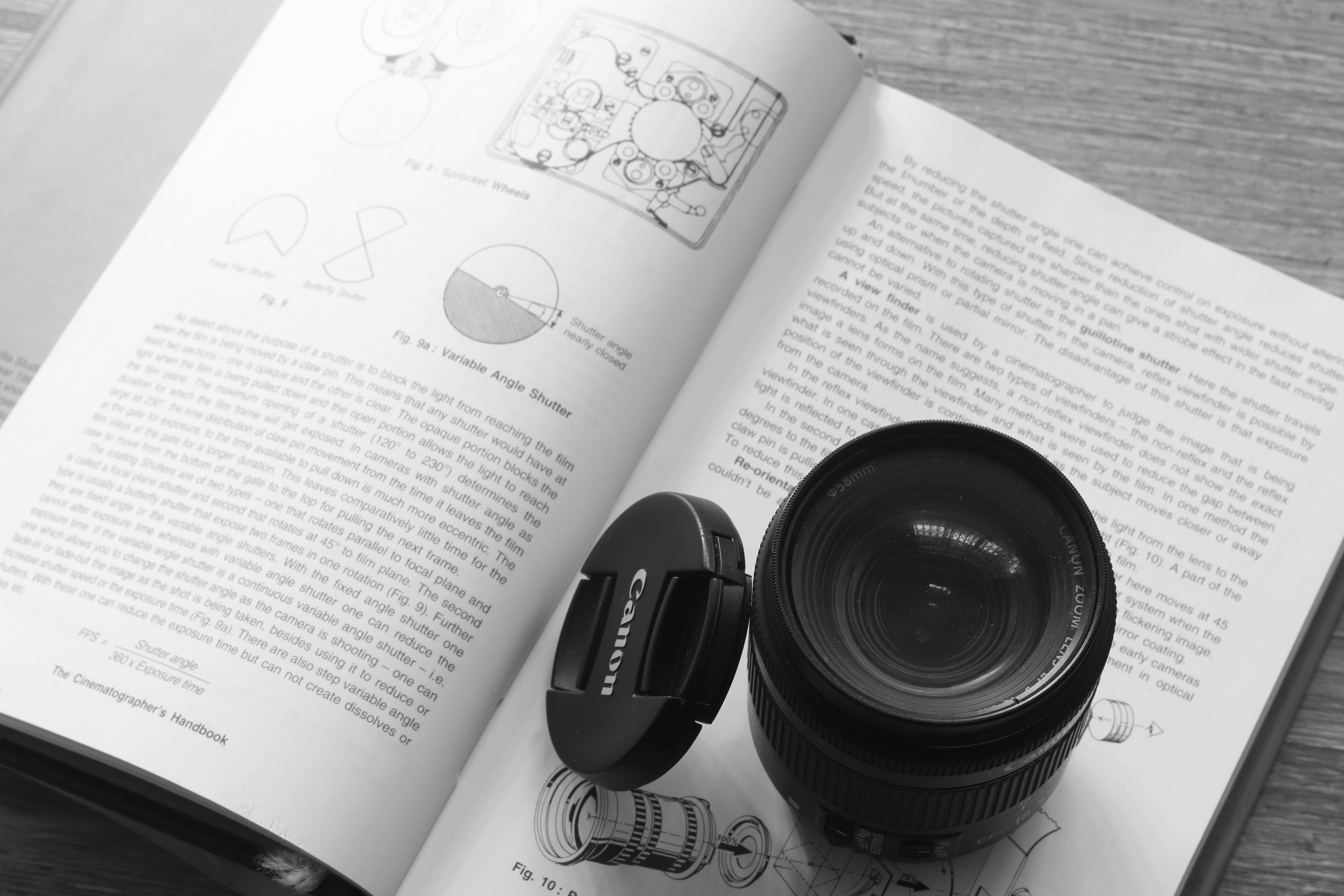 Free stock photo of black and white, camera lens, canon