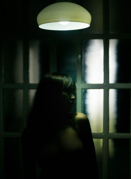 Emotionless brunette standing in shadows under dim light lamp in dark room against glass wall with glowing lights reflections and turning head to left