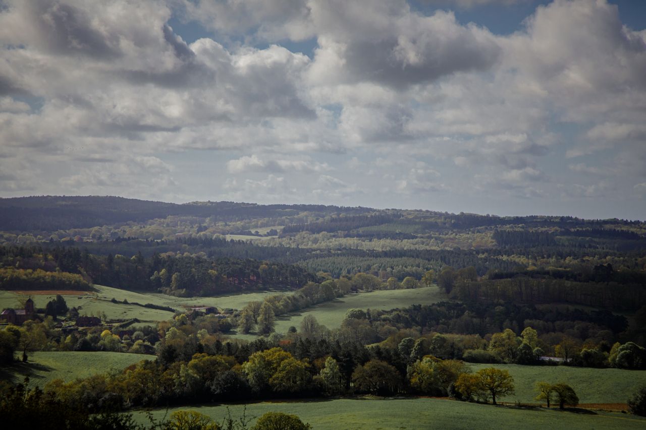 The long view west from the Cotswold escarpment, over miles of wooded, rolling countryside