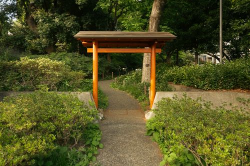 Free Serene view of a traditional Japanese Torii gate amidst lush greenery in a Tokyo garden. Stock Photo