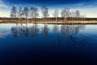 蔚蓝的天空下，树木倒映在湖中，勾勒出大自然的宁静