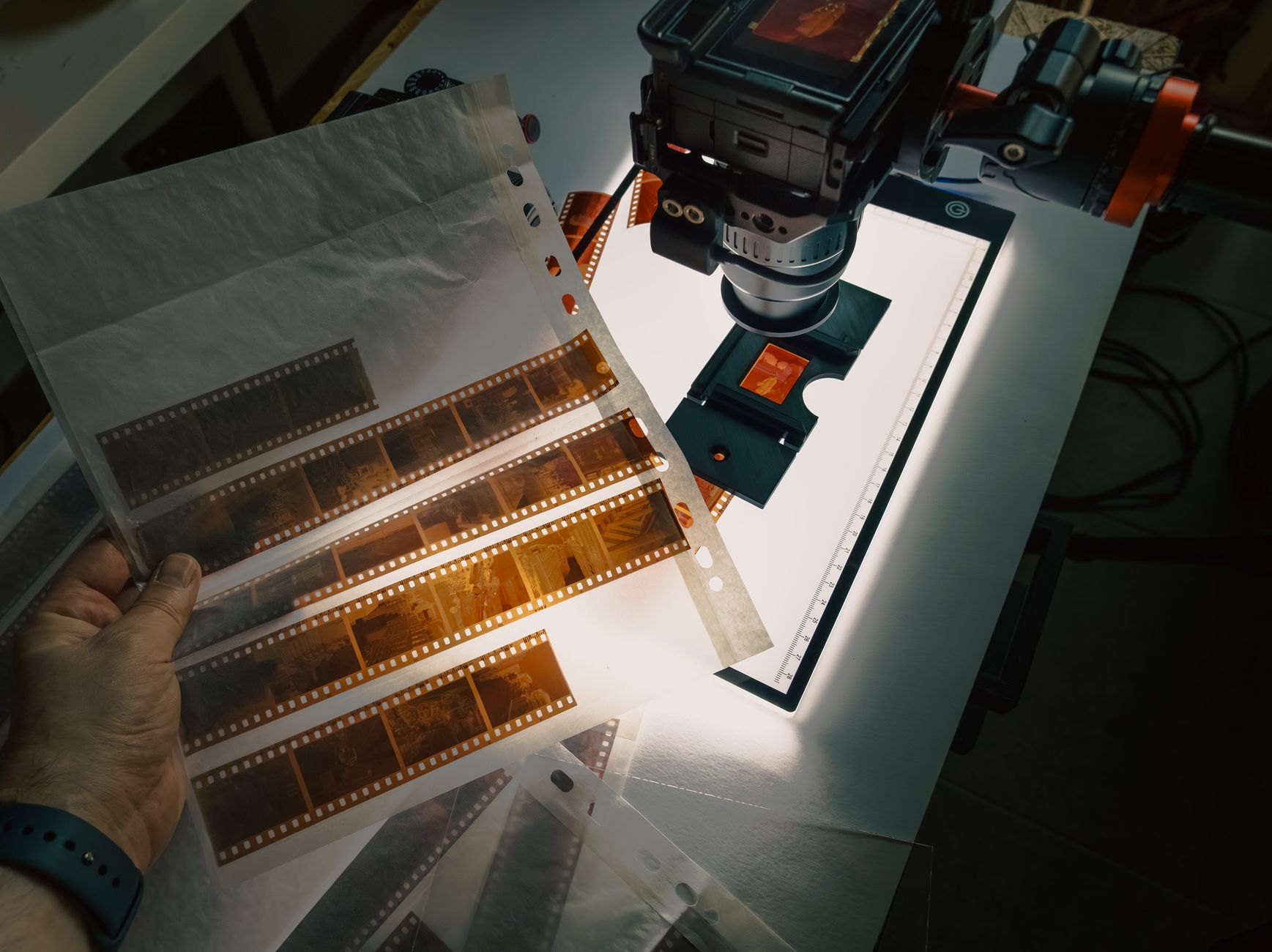 Close-up of film negatives being digitized using a camera and lightbox.
