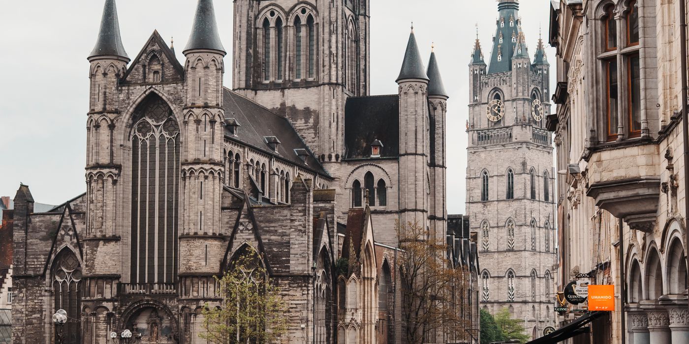 Ghent St Nicholas Church and belfry tower in the medieval Belgian city