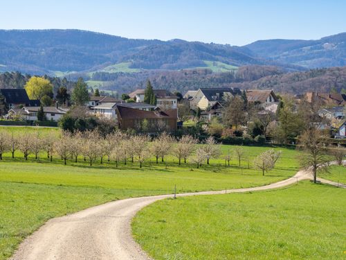 Free A serene countryside village surrounded by green fields and blossoming trees, set against a mountainous backdrop. Stock Photo