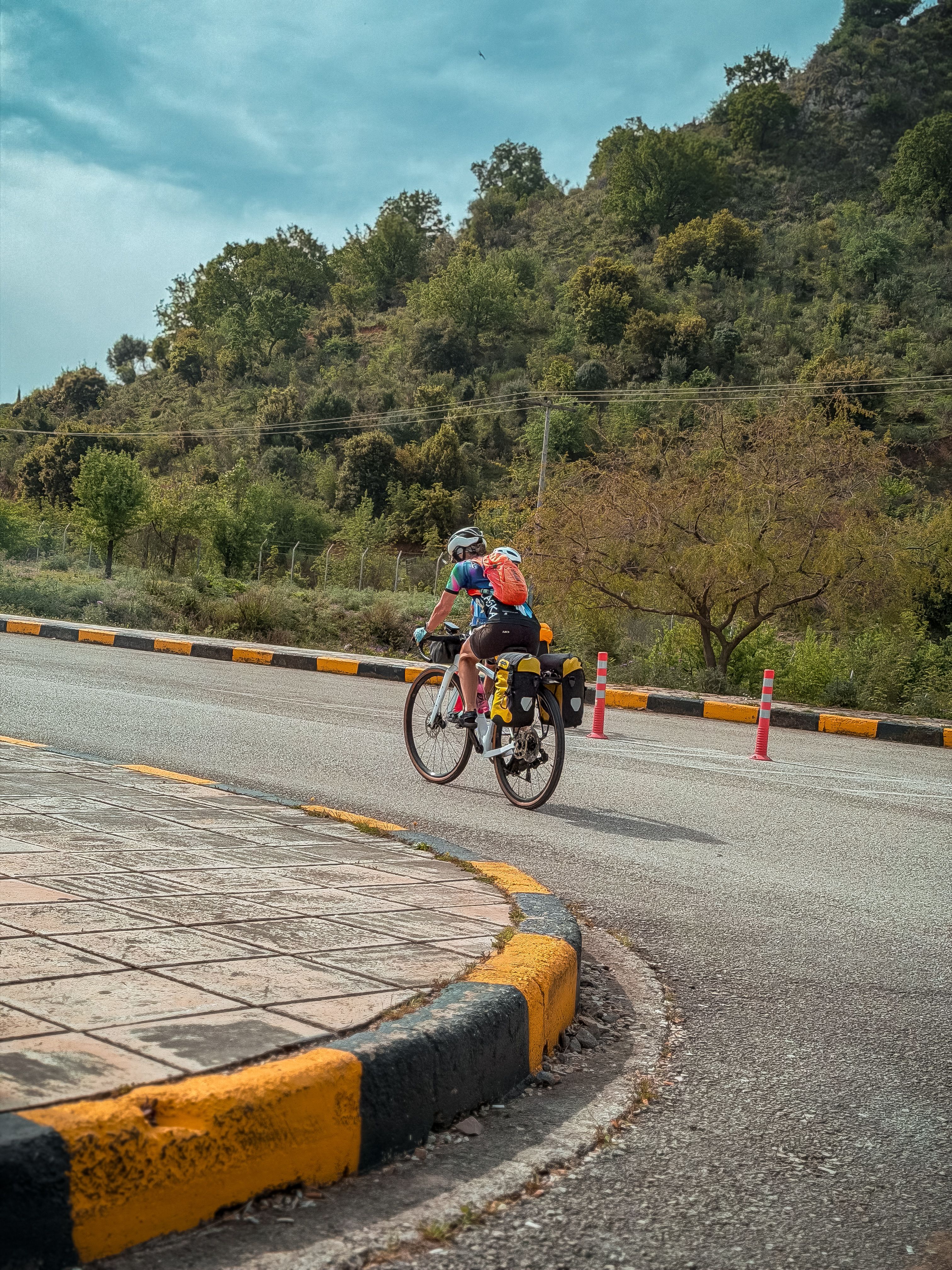 A cyclist in gear traversing a winding road surrounded by lush greenery.
