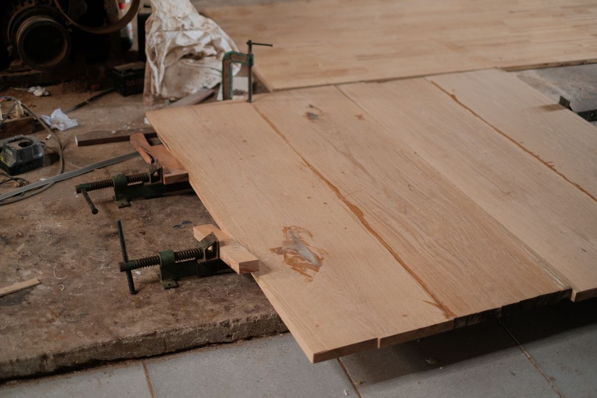Oak boards on a workshop bench