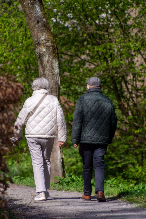 Free Elderly couple strolling in a green forest during springtime, Coesfeld, Germany. Stock Photo
