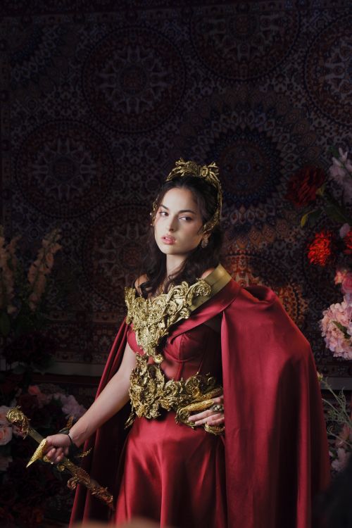Free Portrait of a woman in a regal red costume with gold embellishments holding a decorative sword. Stock Photo