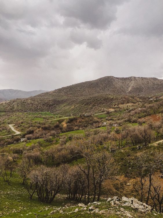 Free Panoramic view of a mountainous landscape in early spring with a cloudy sky, showcasing vibrant greenery and path trails. Stock Photo