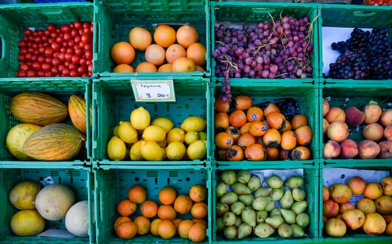 Fresh fruits at a local market in Athens, Greece showcasing vibrant produce.