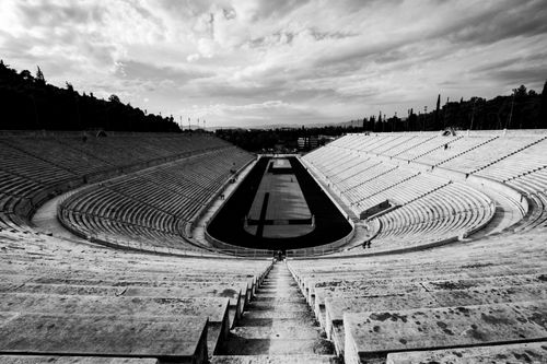 Free Striking black and white photo of the historic Panathenaic Stadium in Athens, Greece, showcasing its grandeur. Stock Photo