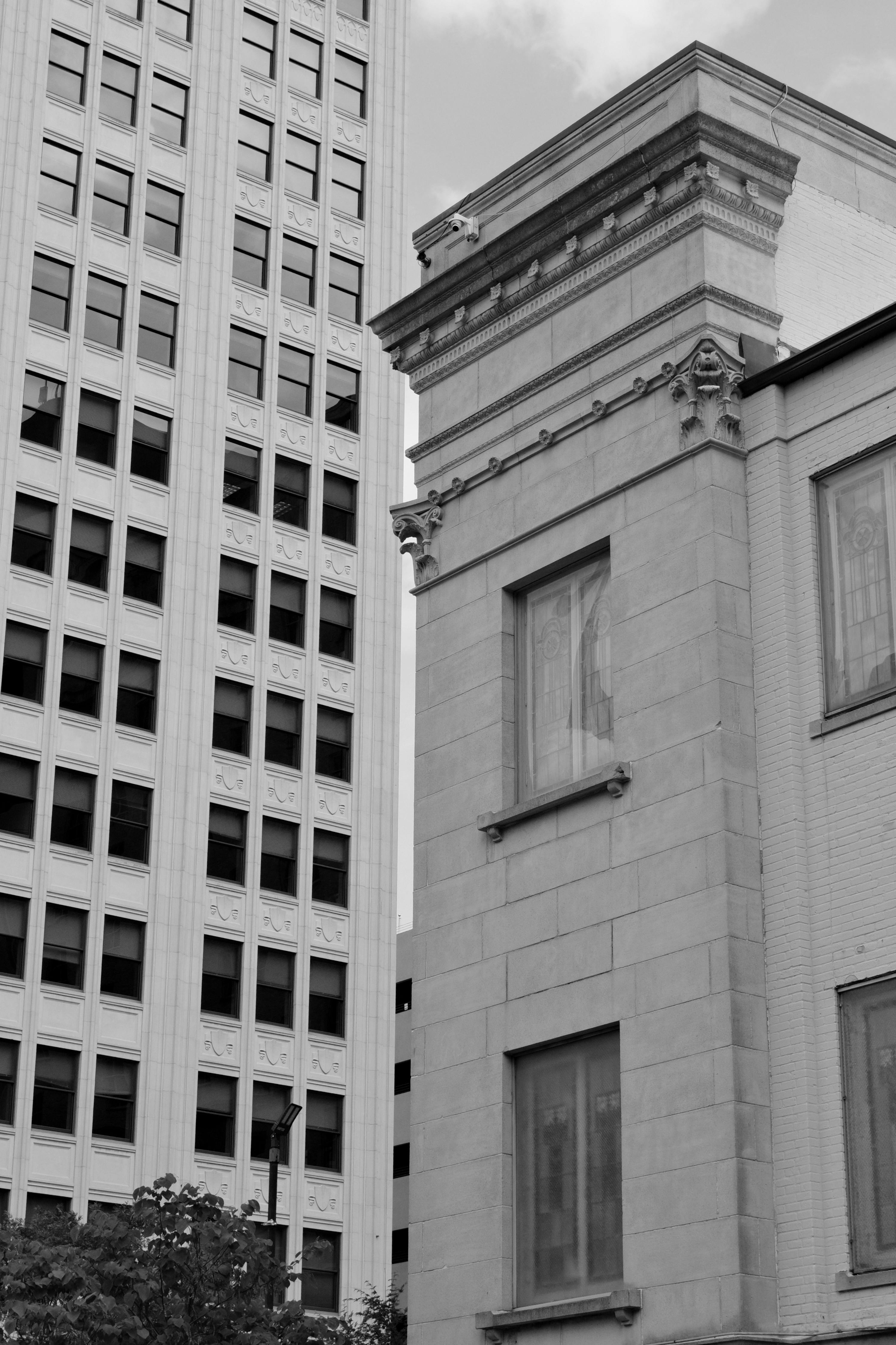Black and white photo of historic and modern buildings in Fort Worth, TX.