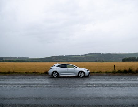 天空多云，一辆银色汽车停在潮湿的路边，旁边是一片干草田