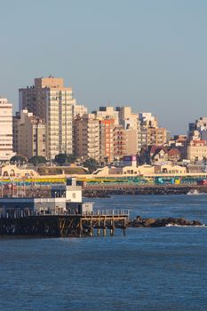 Elevated view of Mar del Plata city and its waterfront in Buenos Aires, Argentina, during daytime.