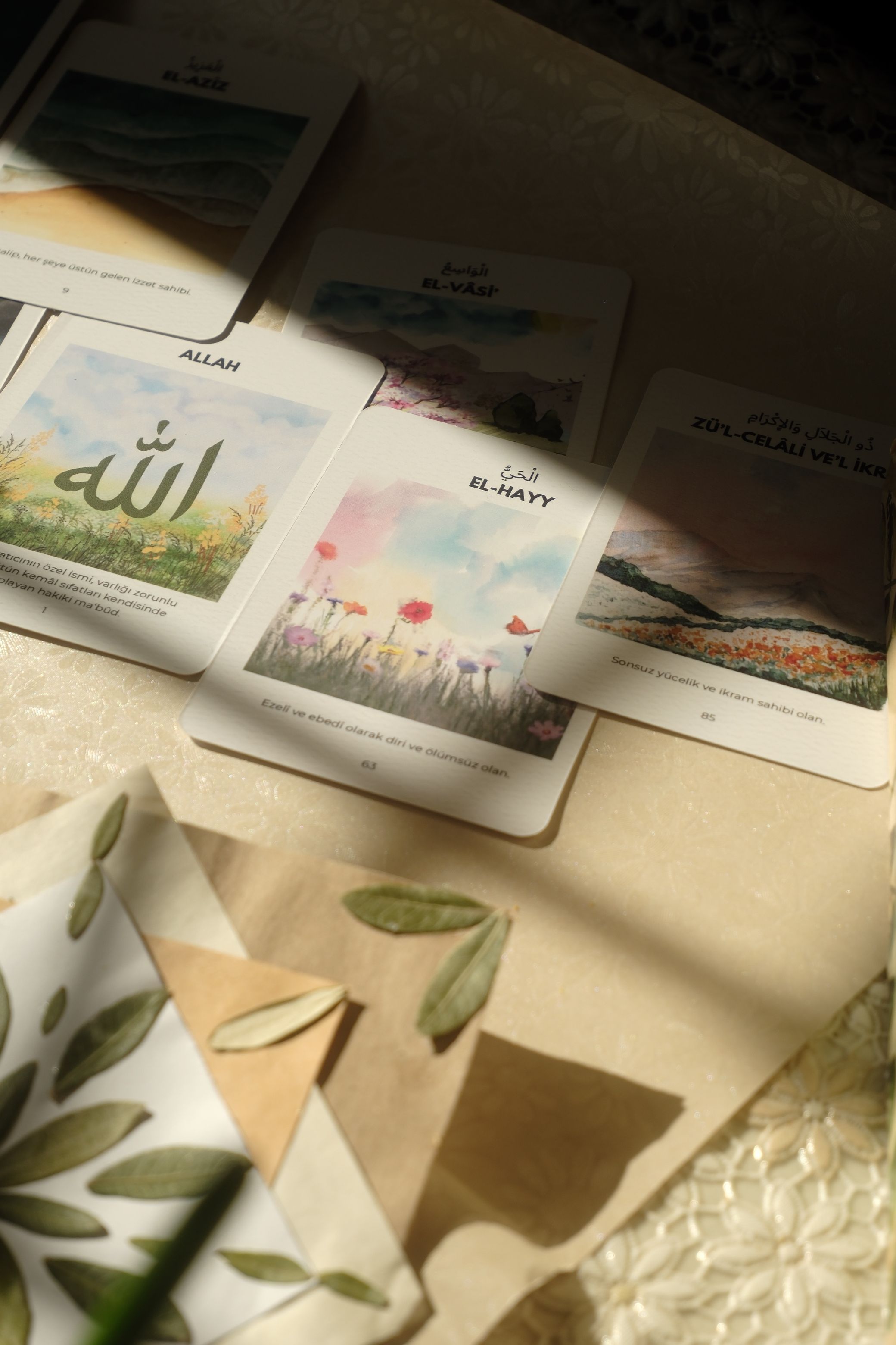 A serene arrangement of Islamic art cards illuminated by soft sunlight, creating a spiritual ambiance.