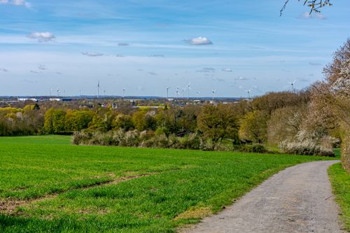 Free Picturesque green landscape in Coesfeld, Germany featuring wind turbines under a clear sky. Stock Photo