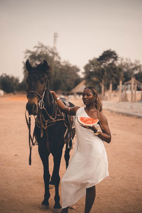 Free Elegant woman in white dress holds watermelon next to brown horse in rural outdoor setting. Stock Photo