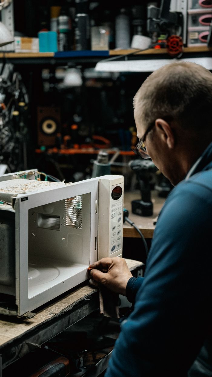 Technician fixing a microwave in a workshop