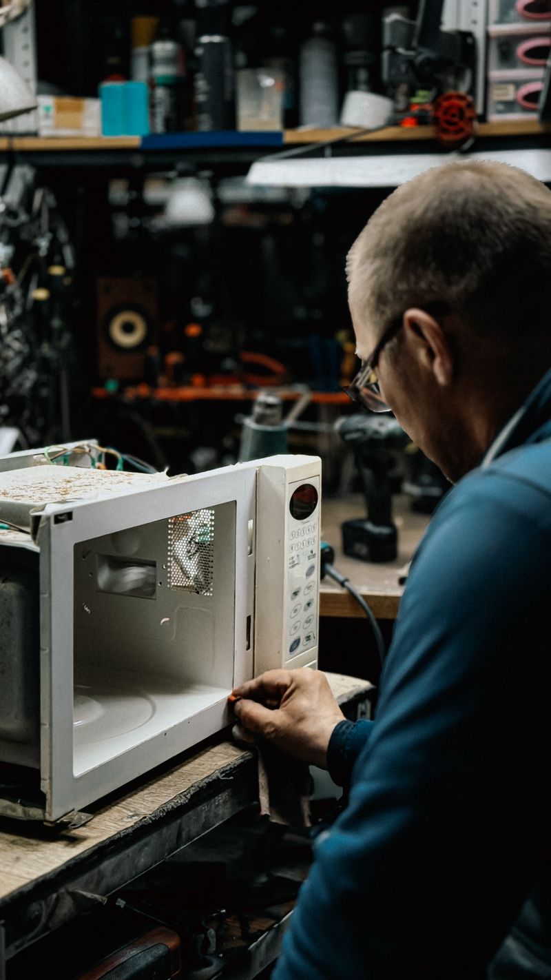 Technician repairing a microwave in a workshop