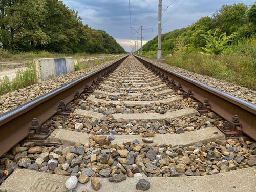 Free Low-angle view of railway tracks stretching into the horizon surrounded by lush greenery. Stock Photo