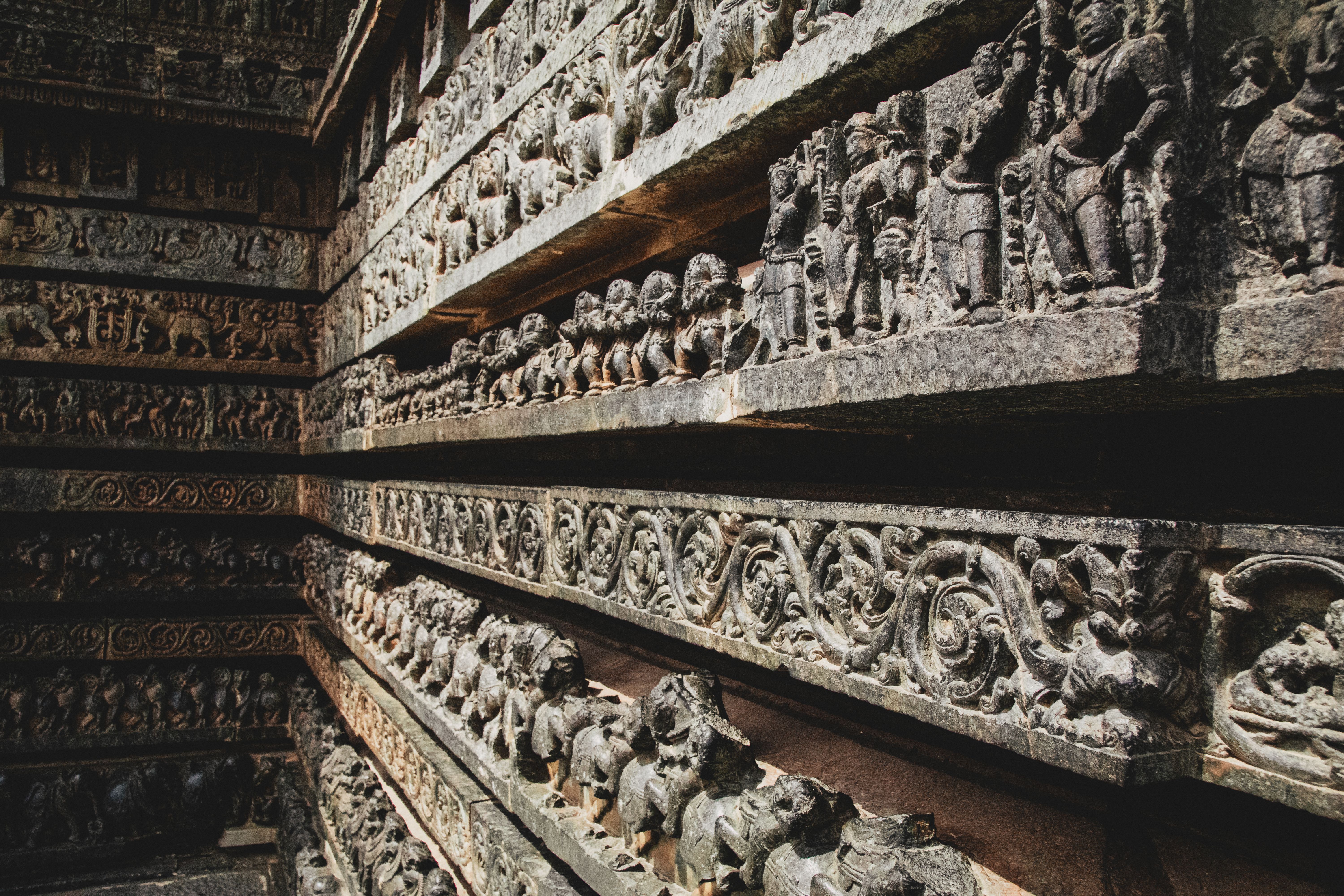 Detailed carving on an ancient Indian stone monument