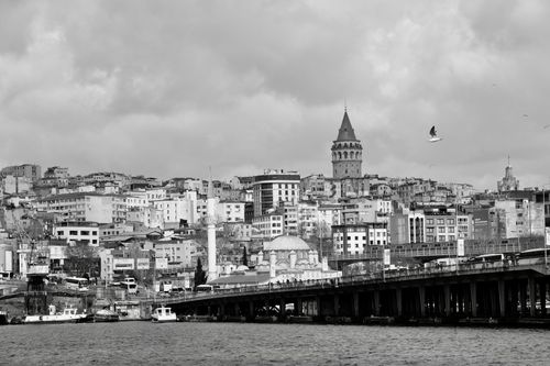 Free Monochrome cityscape of Istanbul featuring the iconic Galata Tower and urban skyline. Stock Photo