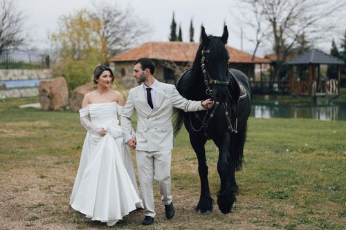 Free Bride and groom walking beside a majestic black horse on a serene outdoor setting. Stock Photo