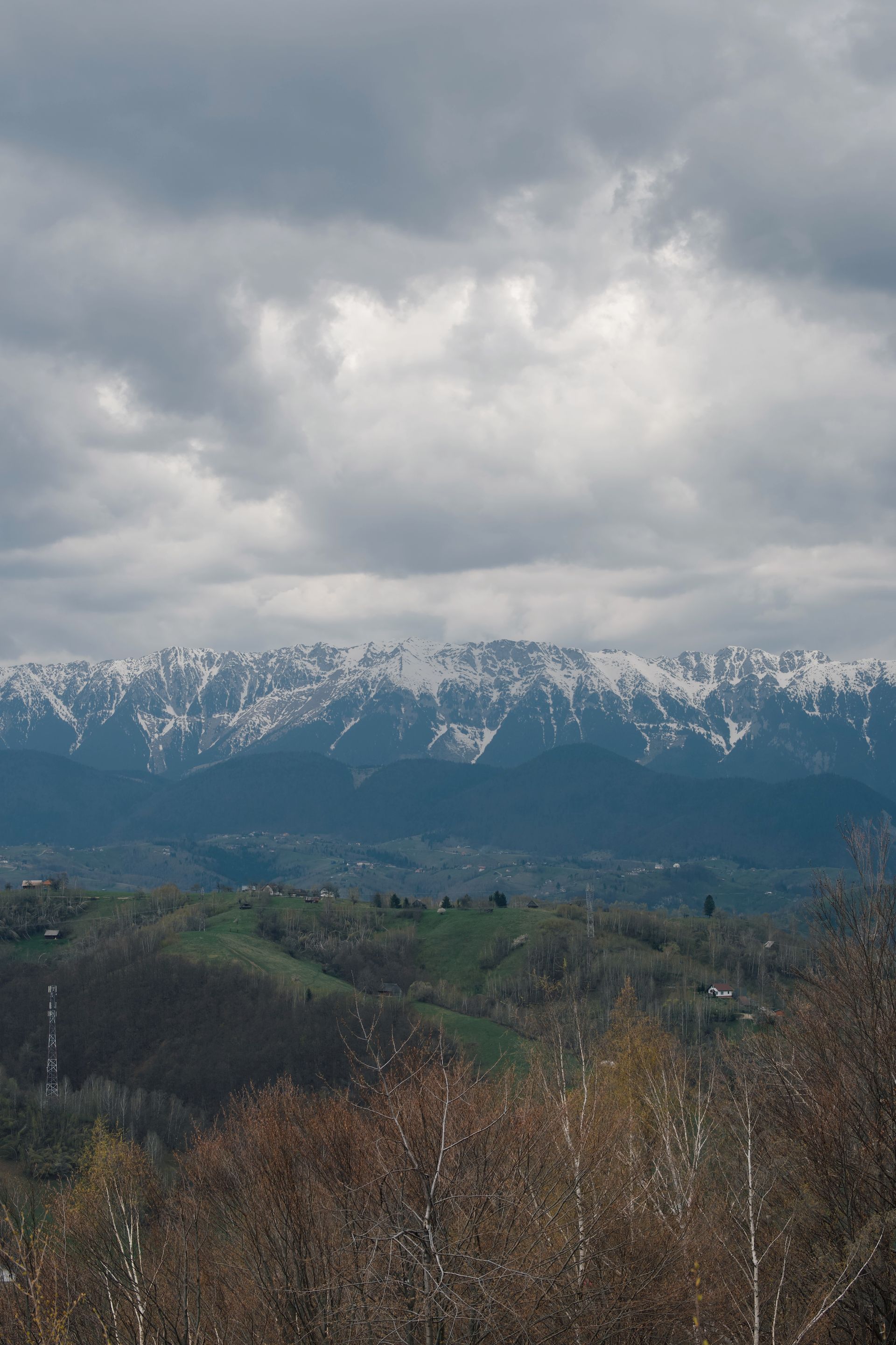 Snow-covered Carpathian Mountains above Șimon, Romania.