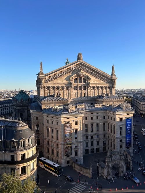 Free A stunning aerial view of Palais Garnier in Paris with clear blue skies. Stock Photo