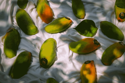 Captivating display of green mangoes on soft white fabric with beautiful lighting.