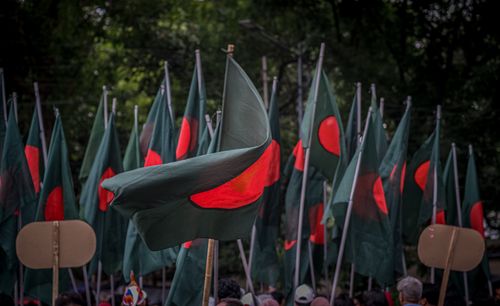 Free A vibrant display of Bangladesh flags during a national celebration outdoors. Stock Photo