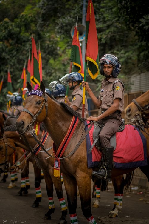 Free Uniformed mounted police officers holding flags during a parade. Stock Photo