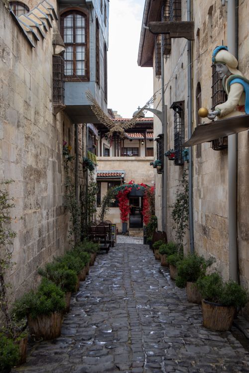 Free Stone alley in Gaziantep's old town featuring unique architecture and vibrant plants. Stock Photo