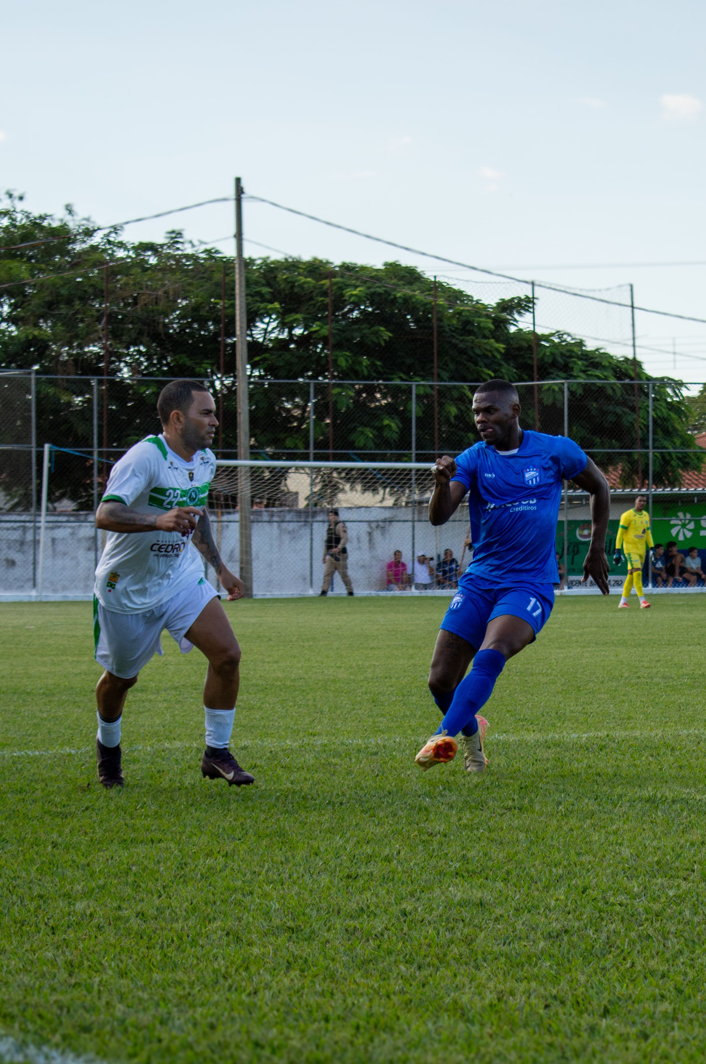 Exciting soccer match with players in action on a grassy field, showcasing athletic competition and teamwork.