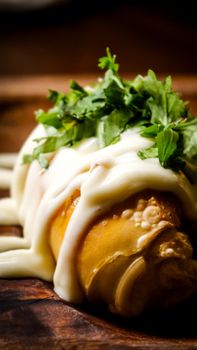Gourmet croissant topped with creamy sauce and fresh parsley, perfect for breakfast or brunch.