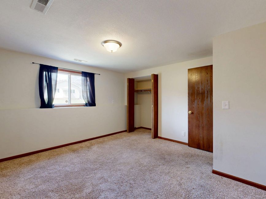 Bright empty room interior with carpet, window, and open closet door, ideal for real estate listings.