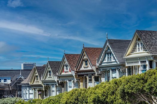 View of the famous Painted Ladies with San Francisco skyline in the background, a classic landmark.