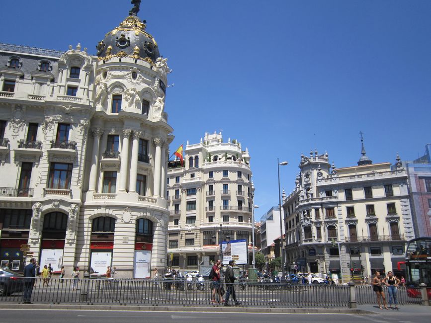 Vibrant Gran Vía street in Madrid, bustling with shoppers and iconic architecture, showcasing the city's main commercial hub.