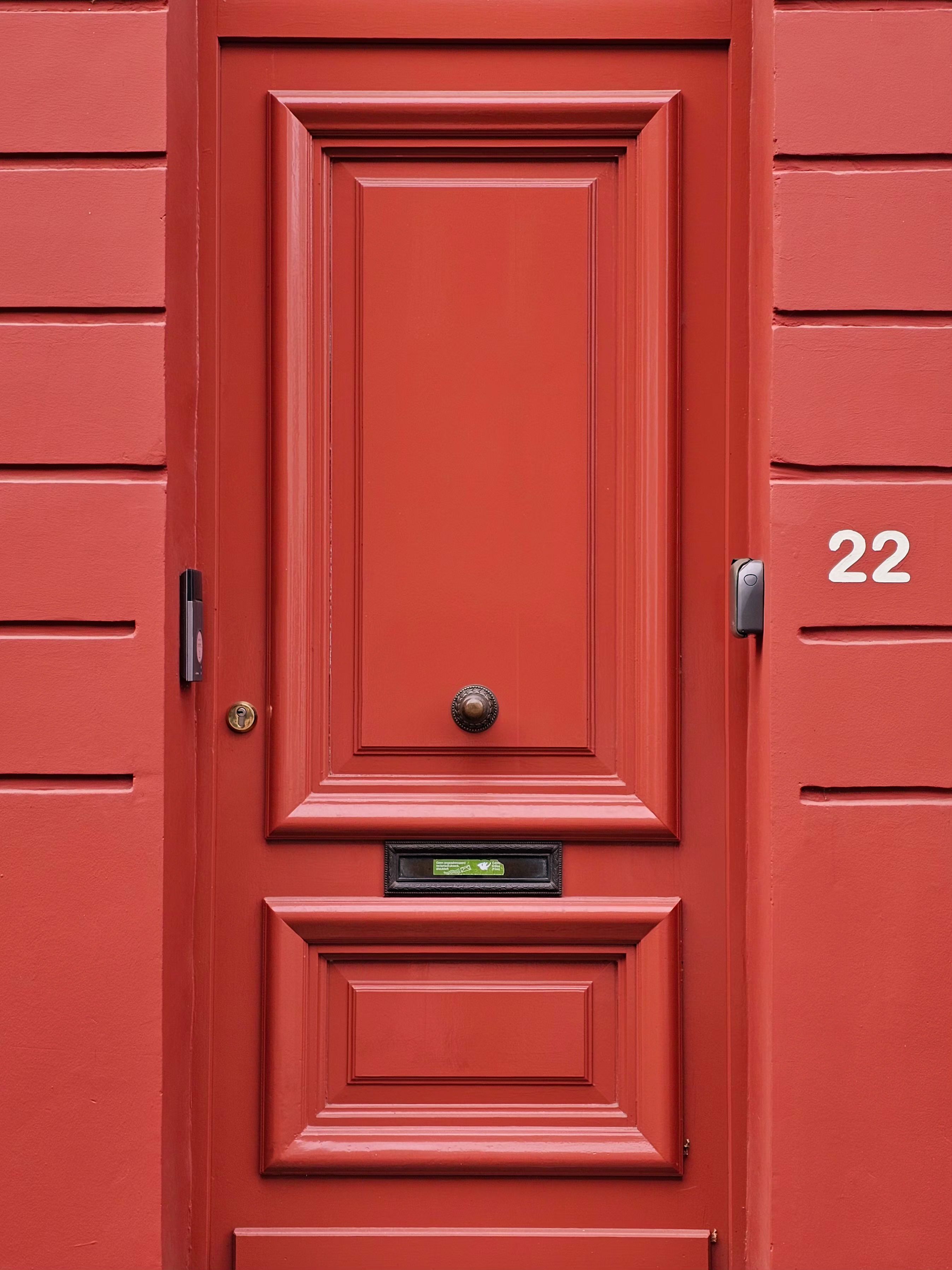 Stylish red door with ornate paneling and number 22, epitomizing classic architecture.