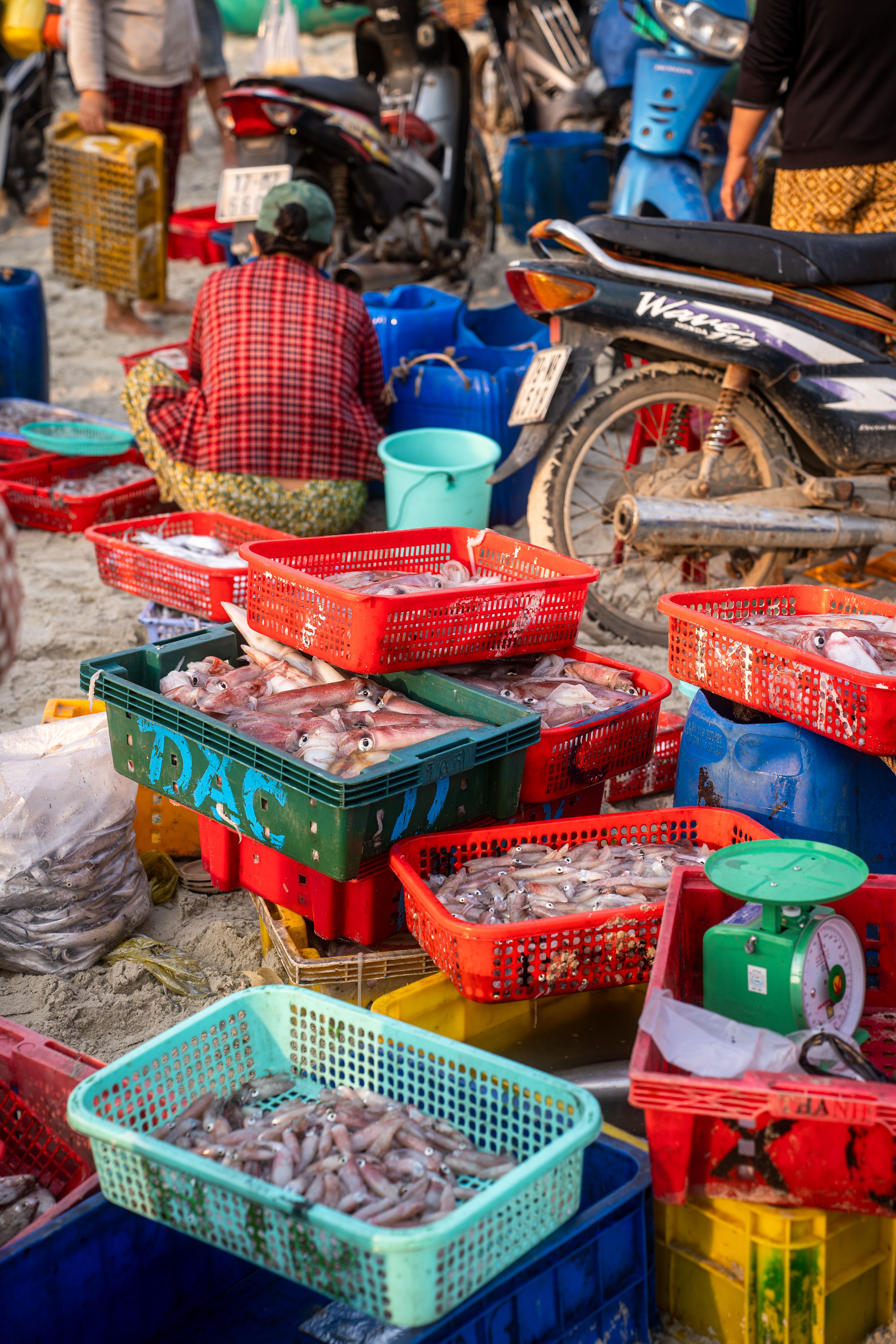 Vibrant early morning seafood market in Quang Ninh, fresh fish, shrimp, squid displayed in baskets, local women trading energetically, wet market textures, authentic Vietnamese coastal culture, highly detailed