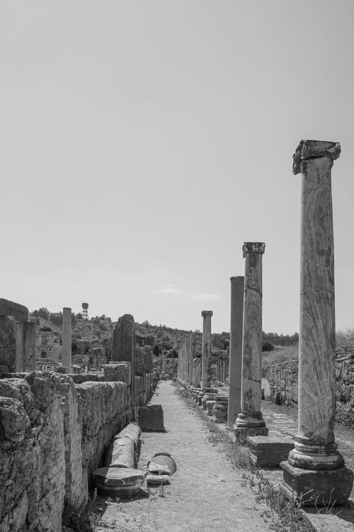 Free Black and white photo of ancient Roman ruins with weathered stone columns. Stock Photo