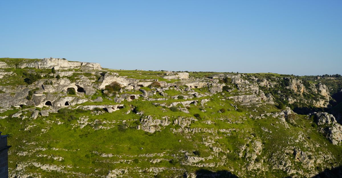 Matera Italy cave dwellings in winter fog
