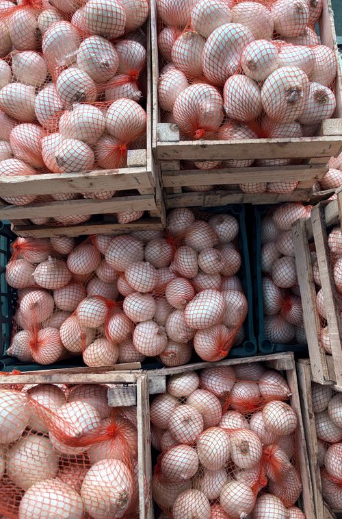 Free Numerous onions packed in mesh bags and wooden crates at a market display. Stock Photo
