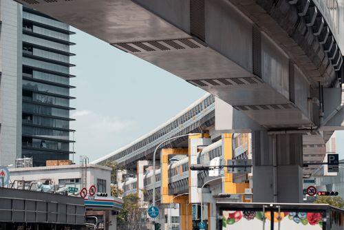 Free Dynamic city scene featuring elevated railway tracks and buildings in New Taipei City, Taiwan. Stock Photo