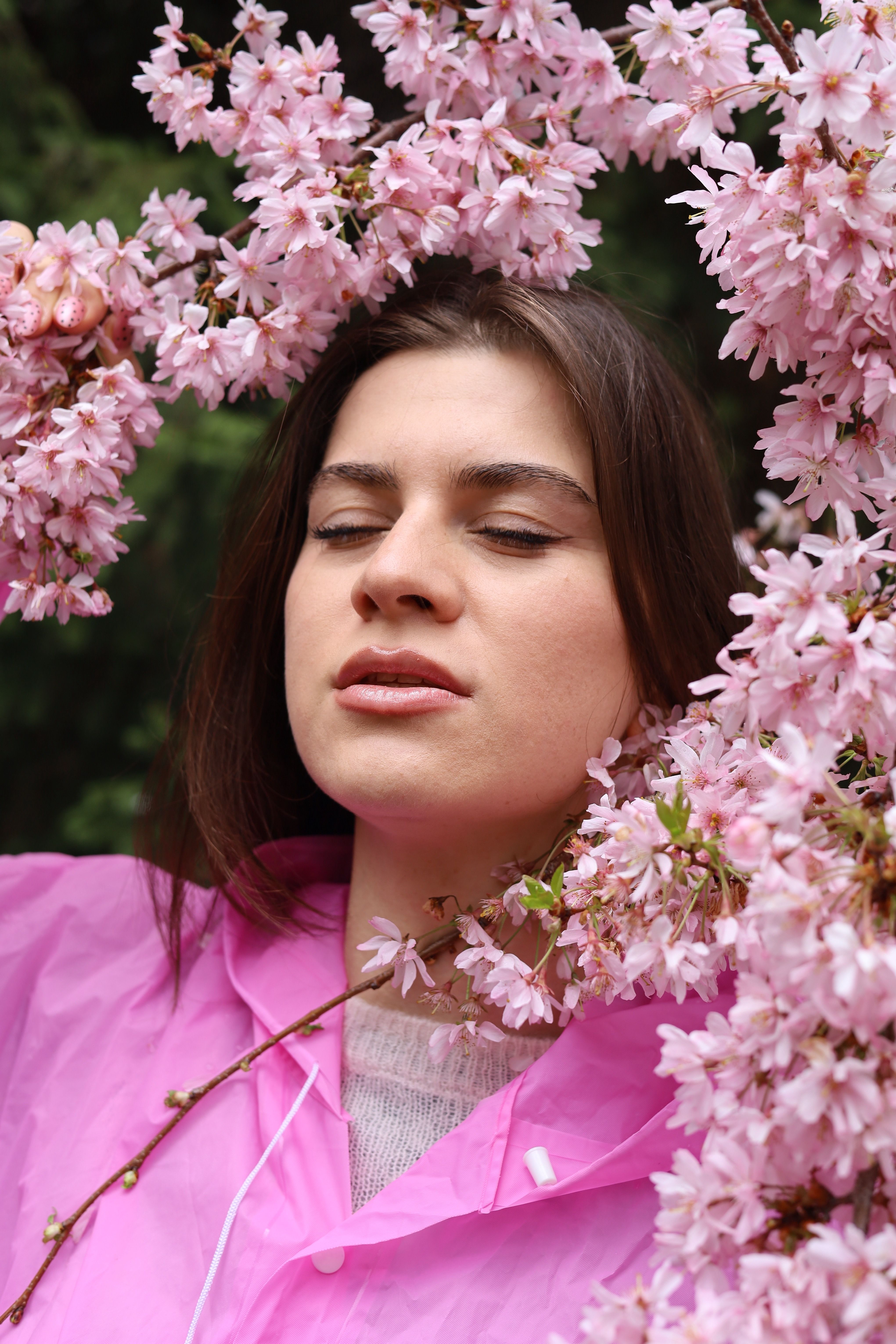 Photo of Woman in Brown Coat Standing Near Pink Flowers · Free Stock Photo